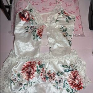 Otherwild White and Red Chemise with Lace Trim
